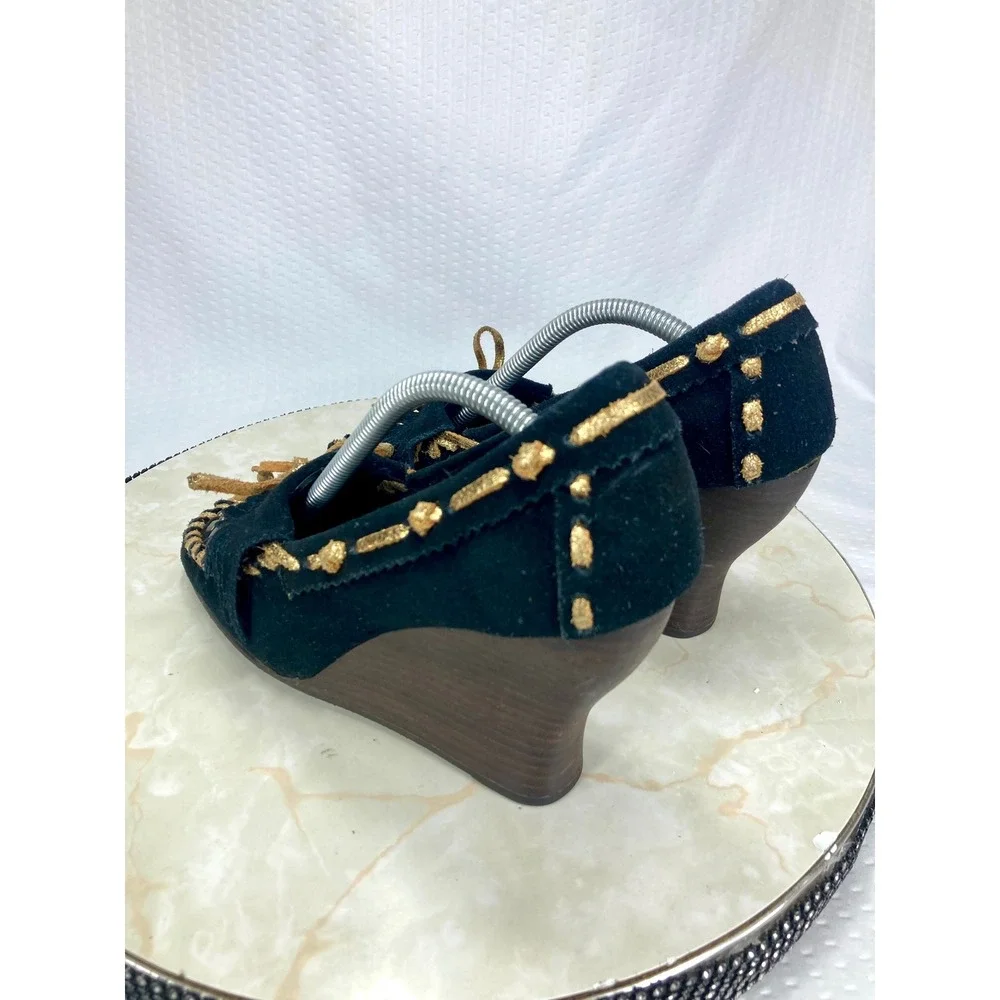 Sam Edelman Studded Fringe Moccasin Wedge Heels Womens 7.5 Black Leather Western